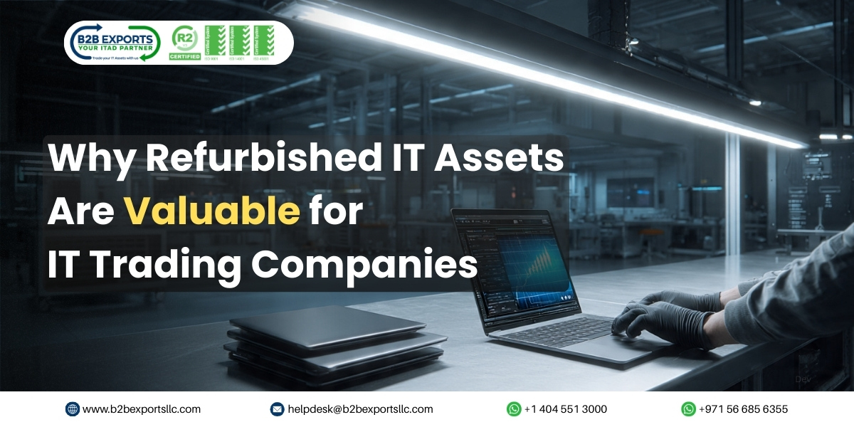 Technician testing refurbished laptops prepared for resale in the global IT trading market