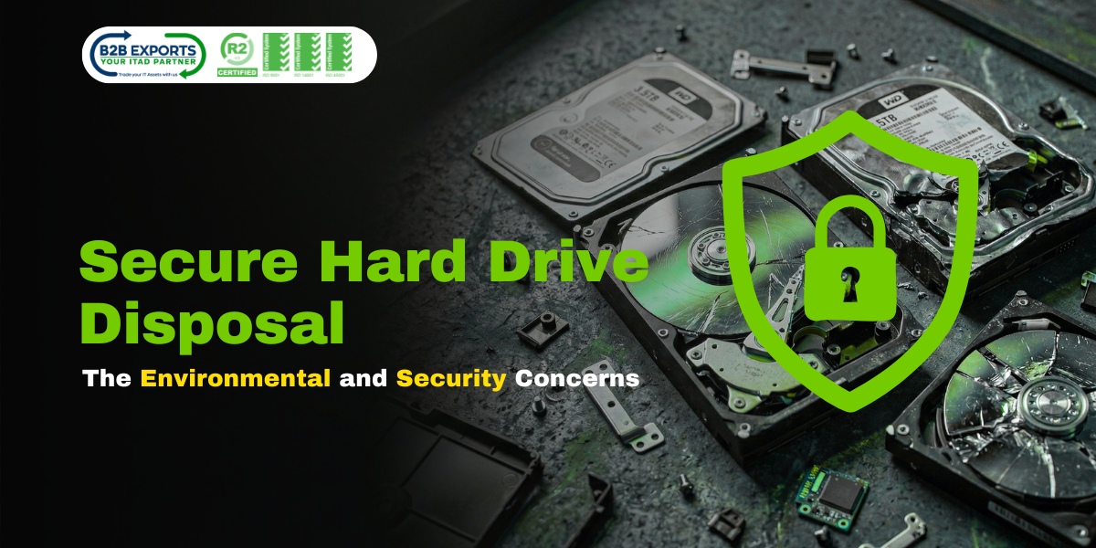 Secure hard drive disposal with damaged disks and security shield icon